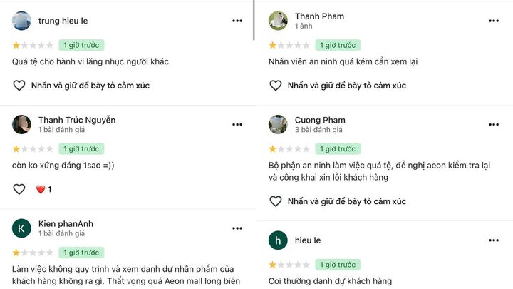 Trên ứng dụng Google Maps, Aeon Mall Long Biên đang hứng chịu "cơn bão" đánh giá 1 sao. (Ảnh chụp màn hình)